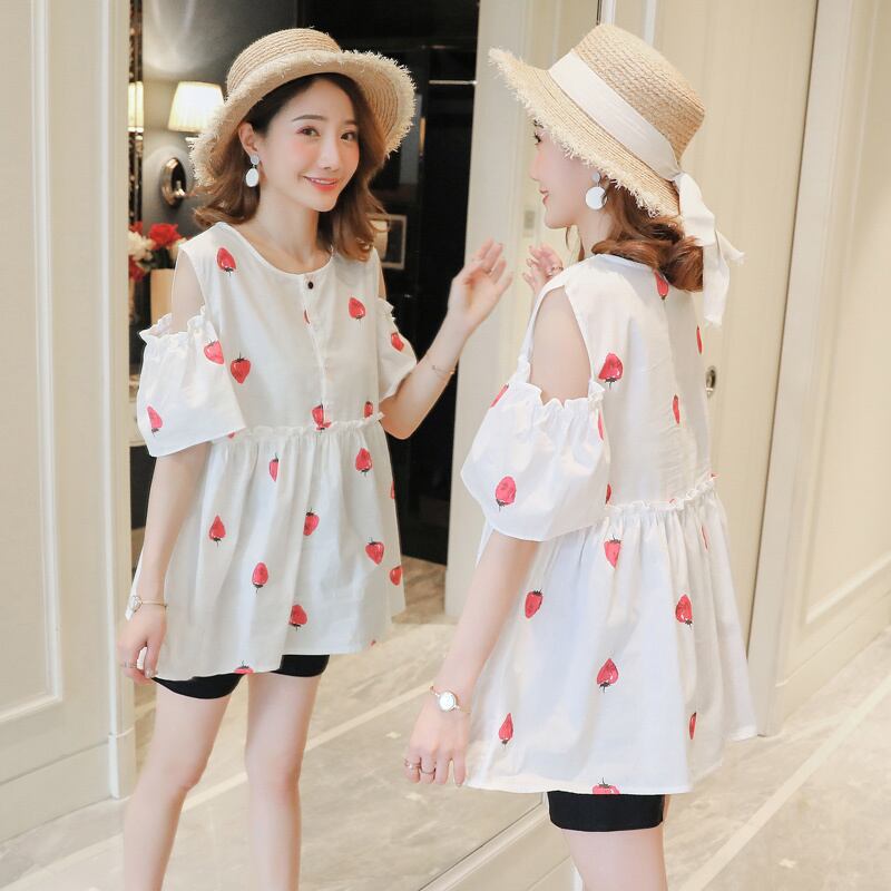 【新作】【送料無料】 妊娠中の女性の夏服セット印刷ショルダーレスブラウス+腹部ショーツツインセットプラスサイズマタニティパンツスーツ 大きめサイズ サマー 夏物 ブルマー AL expec351478989874