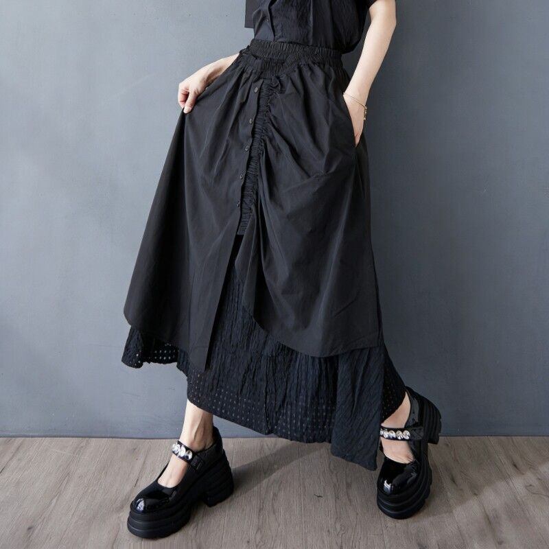 ASYMMETRIC DRAWSTRING LAYERED MIDI SKIRT M-17236
