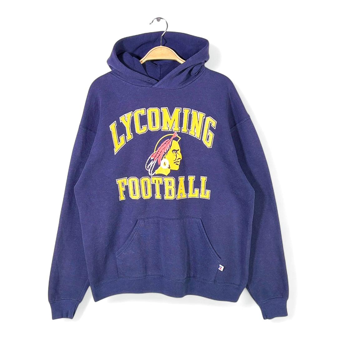 80s ラッセルアスレッチック USA製 インディアンヘッド ヴィンテージスウェットパーカー 3段プリント カレッジ アーチロゴ ネイビー RUSSELL メンズL 古着 @CG0460