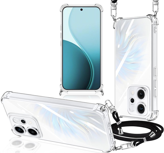 OPPO Reno14 5G ケース クリア ストラップ付き ショルダー オッポ リノ 14 5G スマホケース カバー 透明 薄型 軽量 TPU 耐衝撃 肩掛け 斜めかけ 紐付き 長さ調整可能 取り外し可能 落下防止 紛失防止 ワイヤレス充電対応 (クリア)