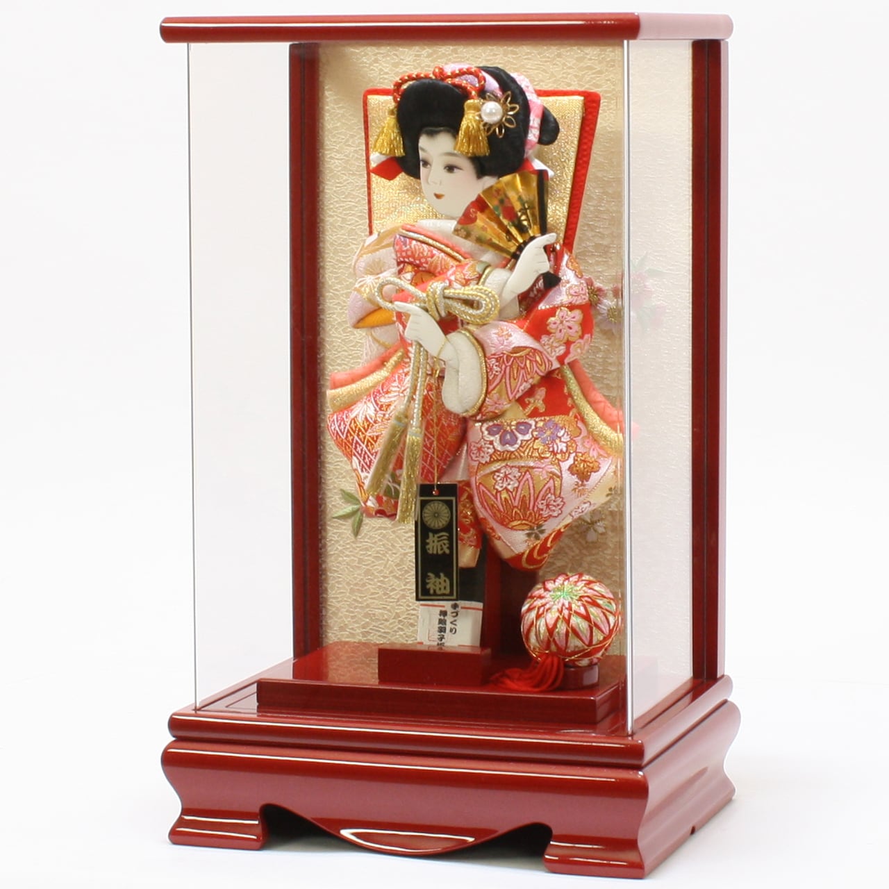 羽子板振袖金彩×かのこ刺繍アクリルケース１０号・間口約２６×奥約２１×高約４７㎝ 羽子板飾り《商品コード》10308-0164 D 花振袖 金襴 10408-0007 621188