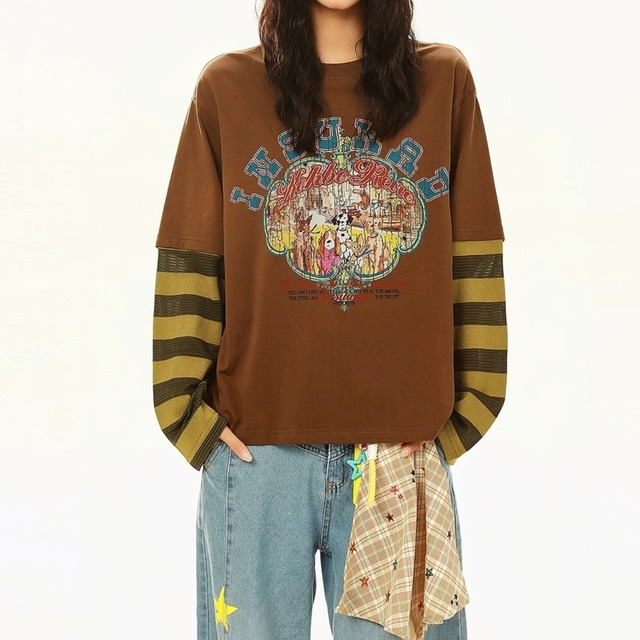 レトロアニマルプリントボーダースリーブドッキングTシャツ 2col   R02584