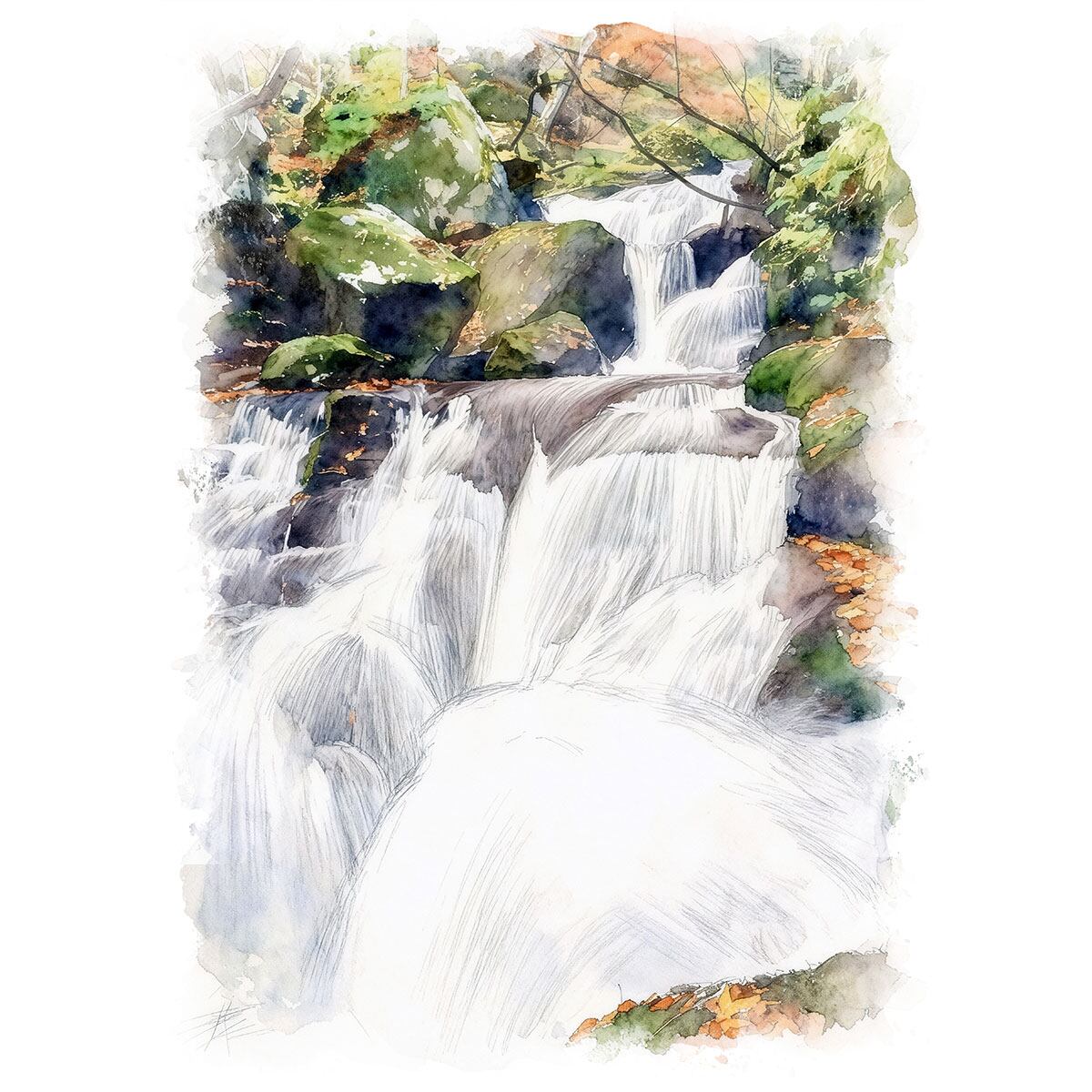 絵画(風景画) 日本 秋の奥入瀬渓流 インテリアアート額付き 水彩画・油絵風 WAT0935