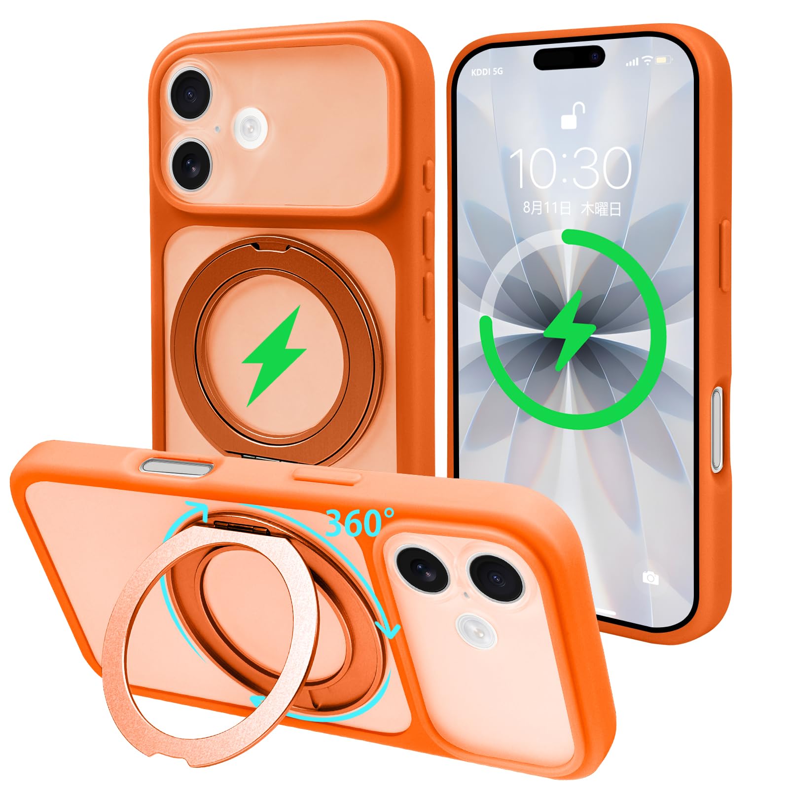 bjnosdv iPhone17 用のケース MagSafeに対応 360°回転スタンド機能 半透明のマット背面(オレンジ)