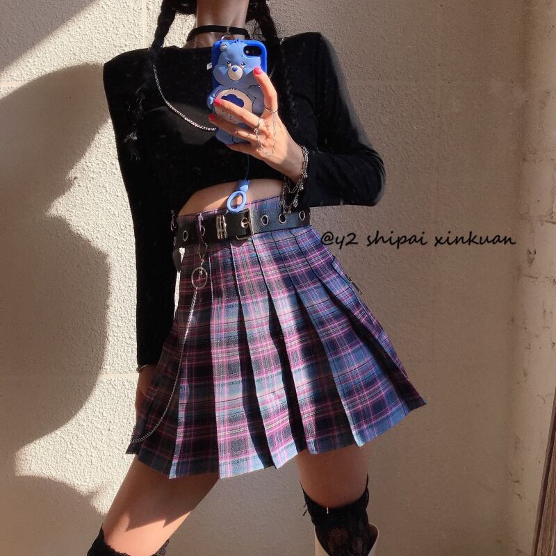 スタイルハイウェストウェストプリーツスカート 格子柄サマーショート かわいい 夏物 ドラファッションホール14038696825
