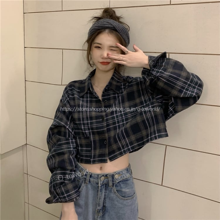 F】チェック柄 シャツ トップス カジュアル 丈短め 韓国 綺麗め  