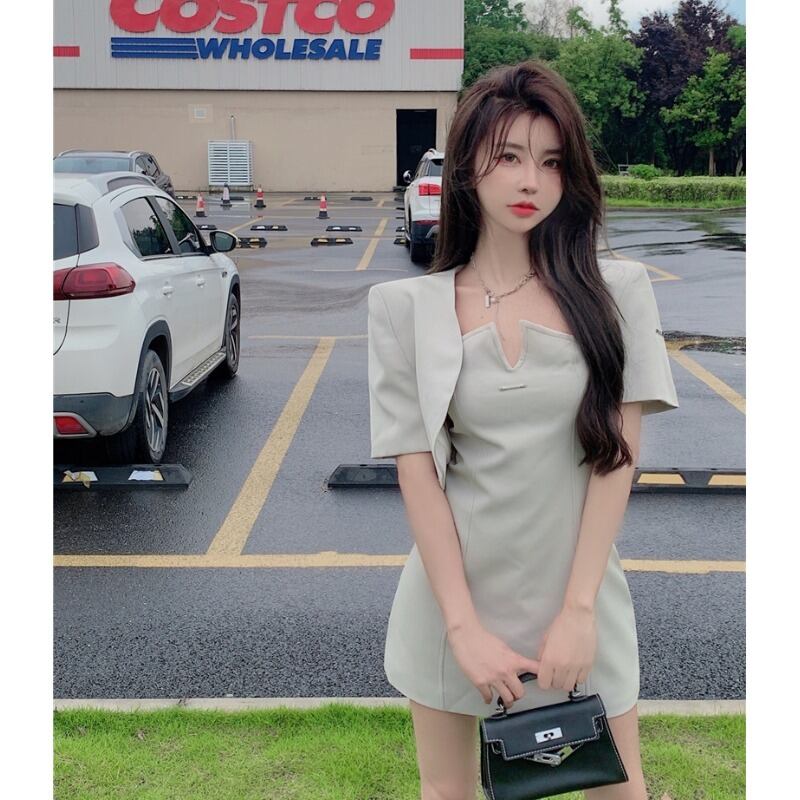 Vネックトップス バック薄手スカート ショートジャケット ストリート YY-ファッション97462178681