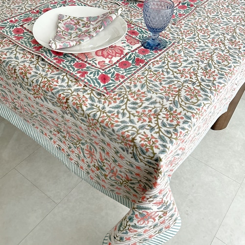 テーブルクロス　マルチカバー　ブロックプリント　ピンク