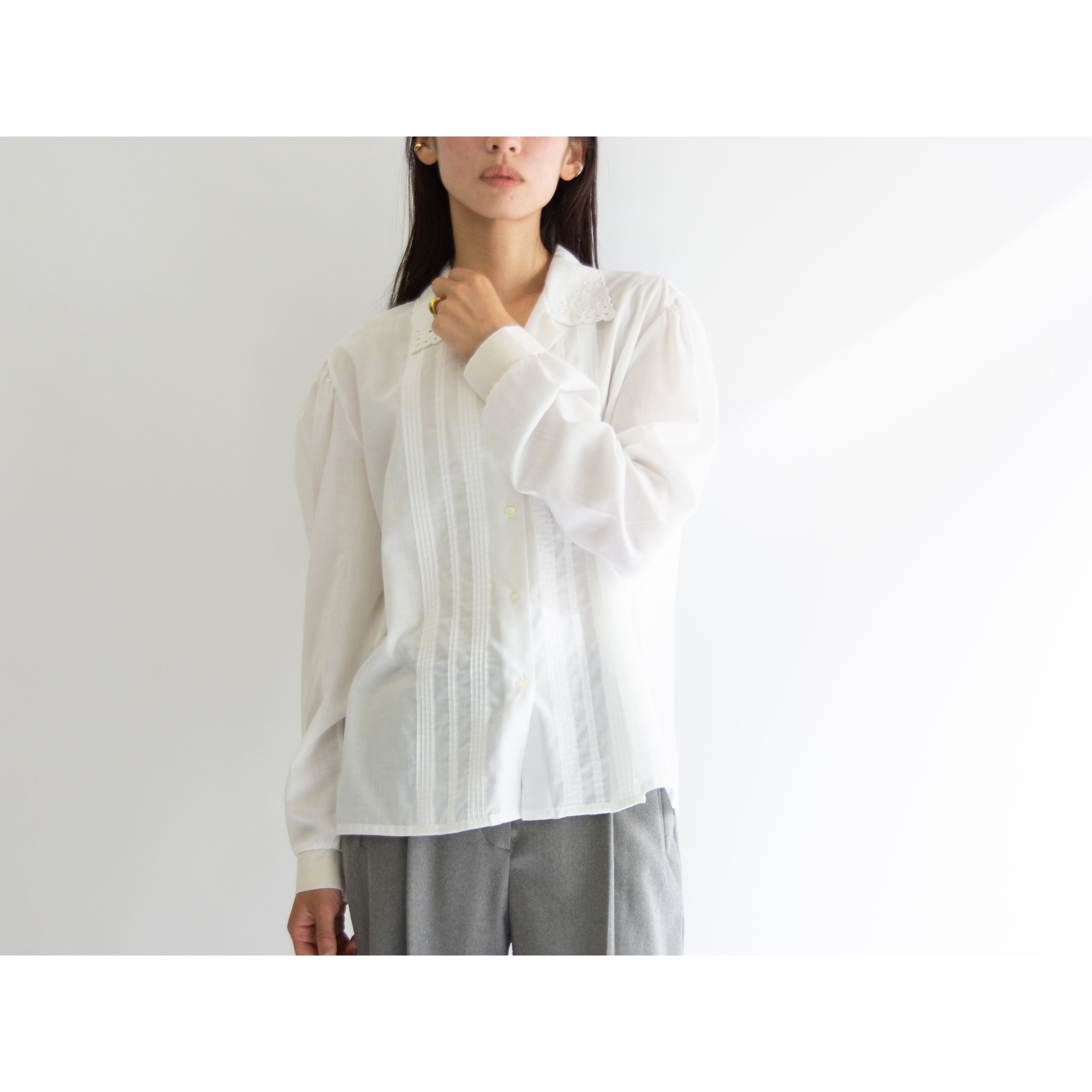 【Unknown Brand】Made in France Polyester-Cotton Open Collar Blouse（フランス製 ポリエステルコットン オープンカラーブラウス）