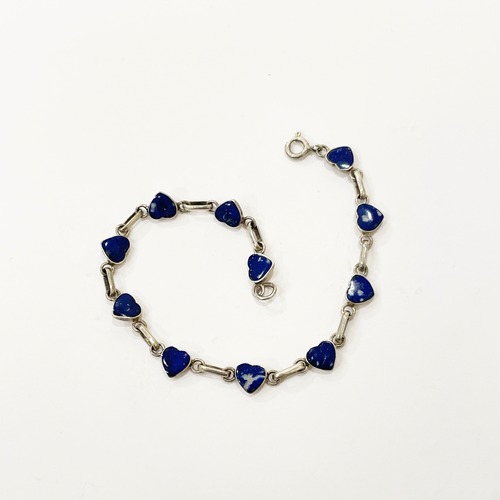 Vintage 925 Silver Heart Lapis Lazuli Link Bracelet