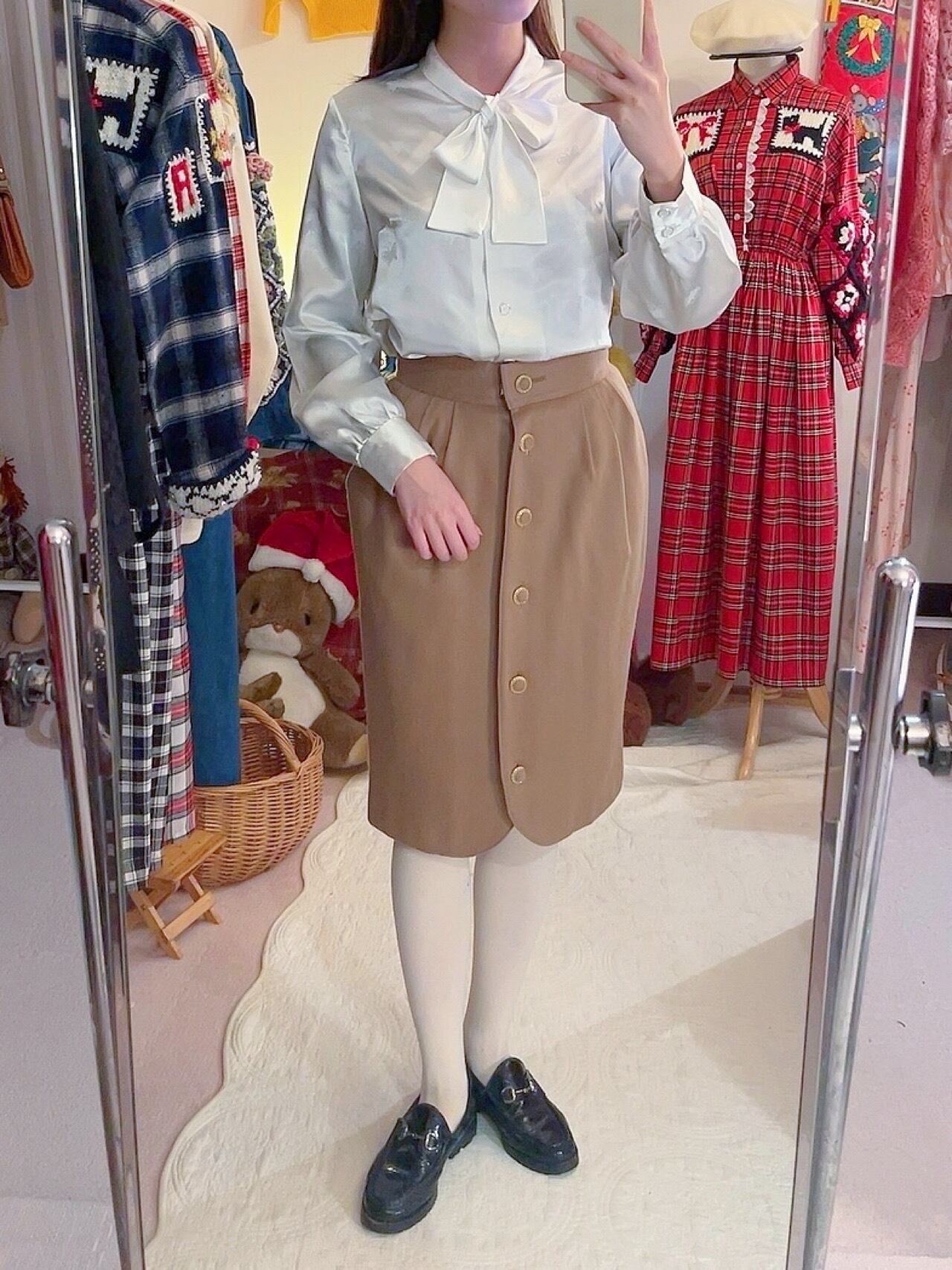 cream beige front button skirt