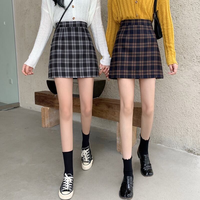Aラインスカート スプリングオータムスタンダード格子柄ハイウェスト薄手 レトロ 春物 秋物 1号婦人81985389190