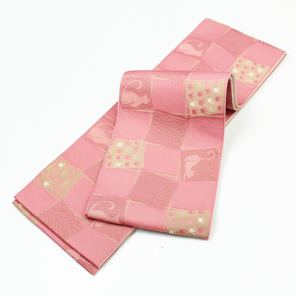 細帯 リバーシブル 4m ポリエステル 半幅帯 浴衣帯 日本製 柔らか ピンク ベージュ 猫