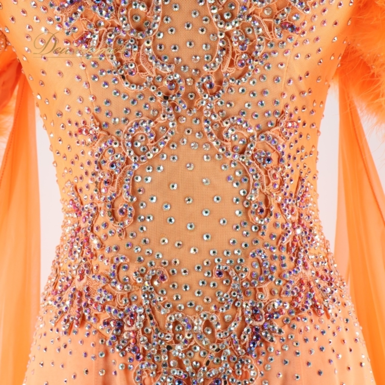 社交ダンス 衣装 白樺ドレス スタンダードドレス ドレス ワンピース スタンダード フロート ファー 蛍光 デモ 競技 ダンス パーティ 発表会 綺麗 オレンジ系 蛍光オレンジ フォーマル 軽量 上品 ダンス衣装 競技用ドレス 発表会用ドレス おしゃれ 可愛い