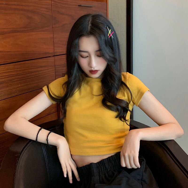 サマーラウンドネックソリッド カラーショートシャツ スリムTシャツ トップス 夏物 Oネック ソリッドカラー YY-ファッション2648880656