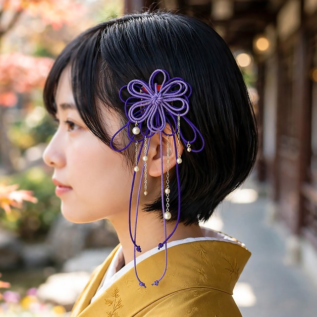 飾り結びヘアコーム（小）「密、其レハ」（淡紫×濃紫）【軽量で簡単和装ヘア】浴衣・着物・七五三や成人式に。