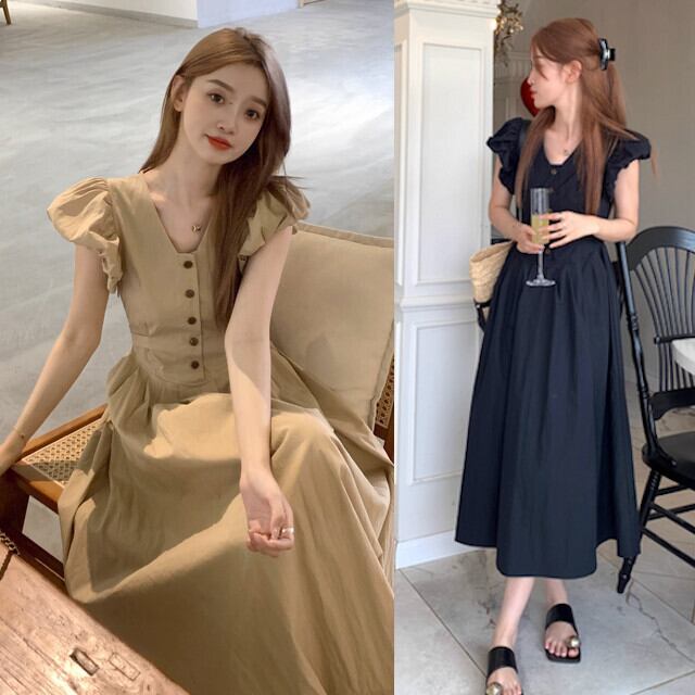 ワンピース レディース ロングワンピ Aライン 可愛い おしゃれ シンプル パフスリーブ 春夏 デート お出かけ 旅行 リゾート カジュアル カーキ/ブラック M/L/XL/2XL/3XL/4XL