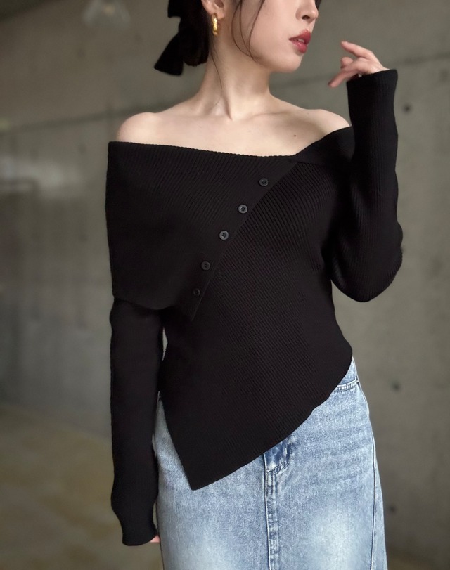 【即納】アシンメトリーデザインニットtops【ブラック】