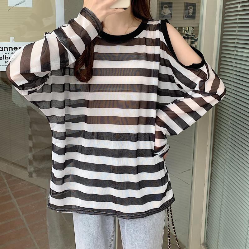 ルーズTシャツ サマーラウンドネック薄手ストライプトップス ロング 夏物 Oネック ハンチェンe1577481358