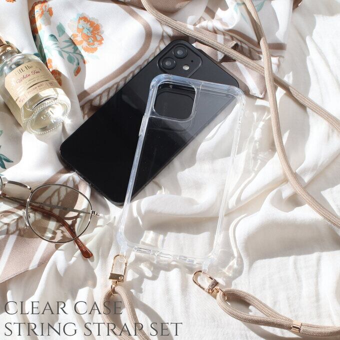 【クリアケース】 iphone ケース ショルダー ストラップセット おしゃれ 肩掛け バッグ風 お出掛け 韓国 大人 かわいい ベージュ