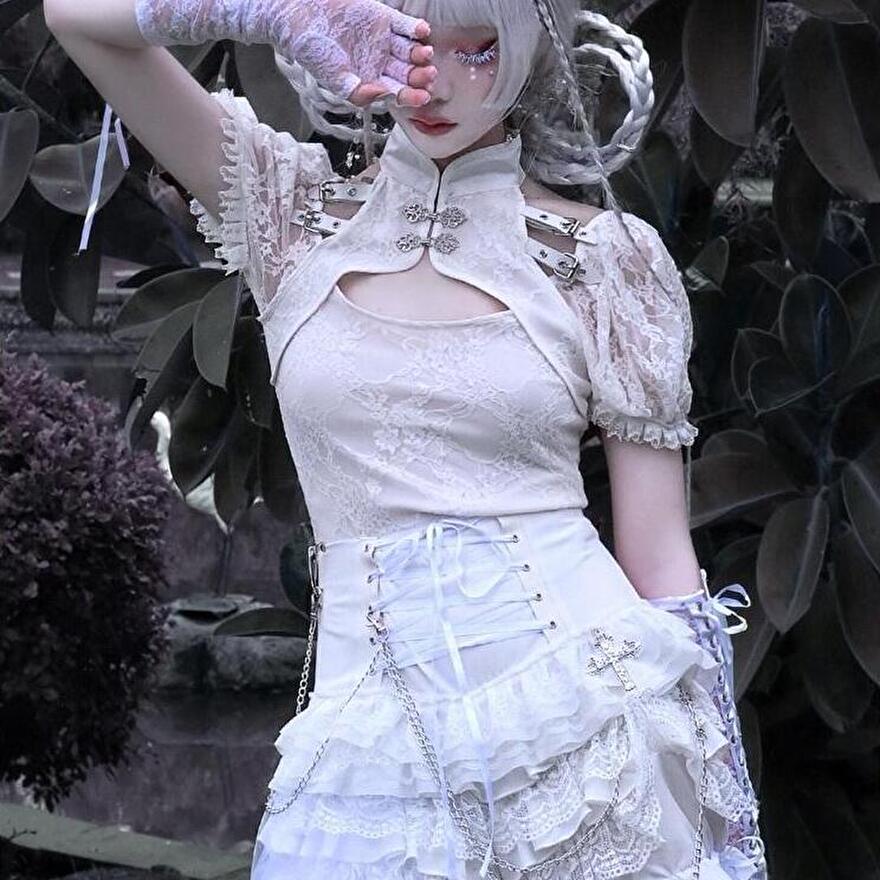 サブカル 服 地雷系 通販 BLOOD トップス ショート丈 レース 半袖 パフスリーブ チャイナ服風 バンギャ 闇かわいい サブカル服 セクシー