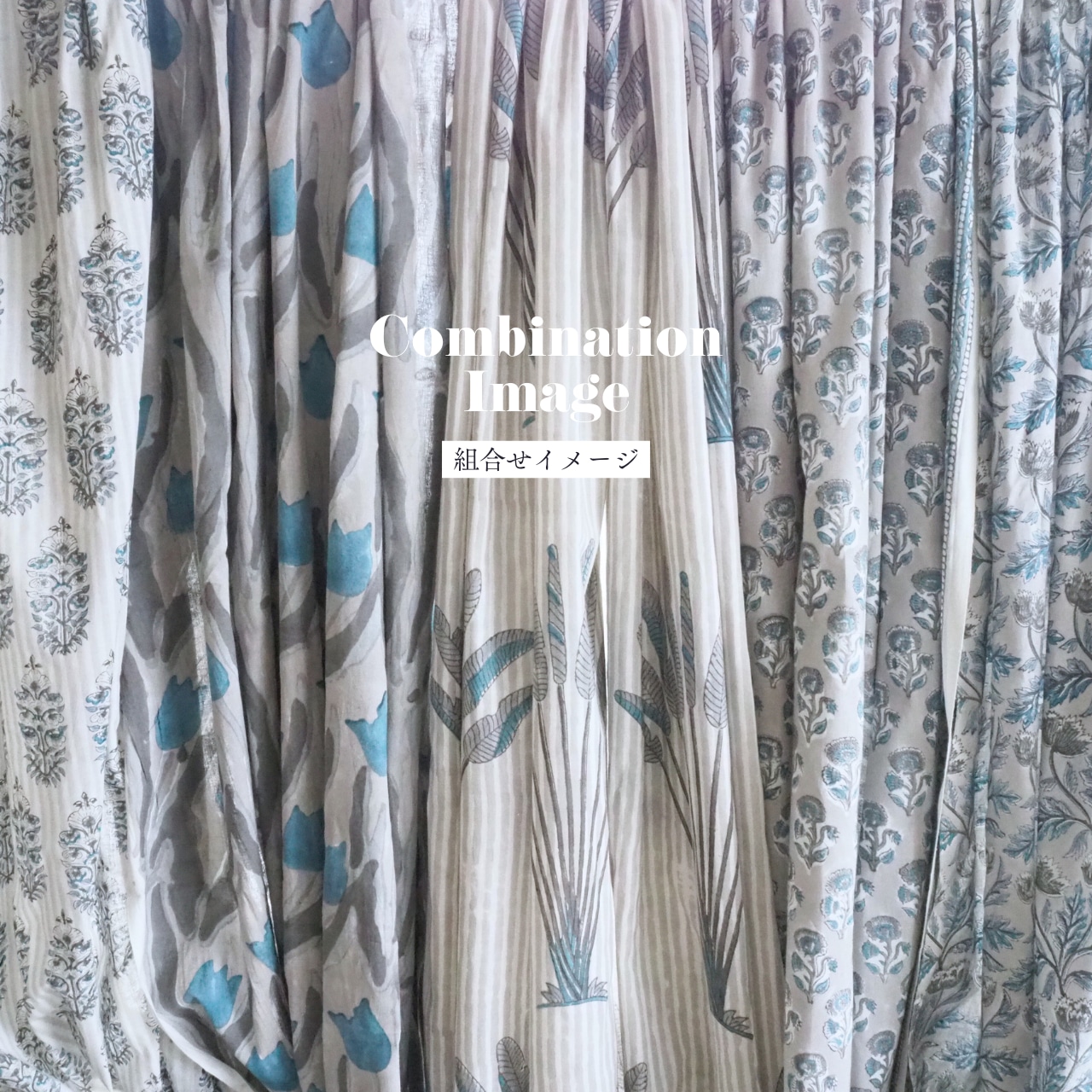 ブロックプリント生地【50cm単位】インド綿 ストライプ花柄 白×グレー×くすみブルー #20640-GR5