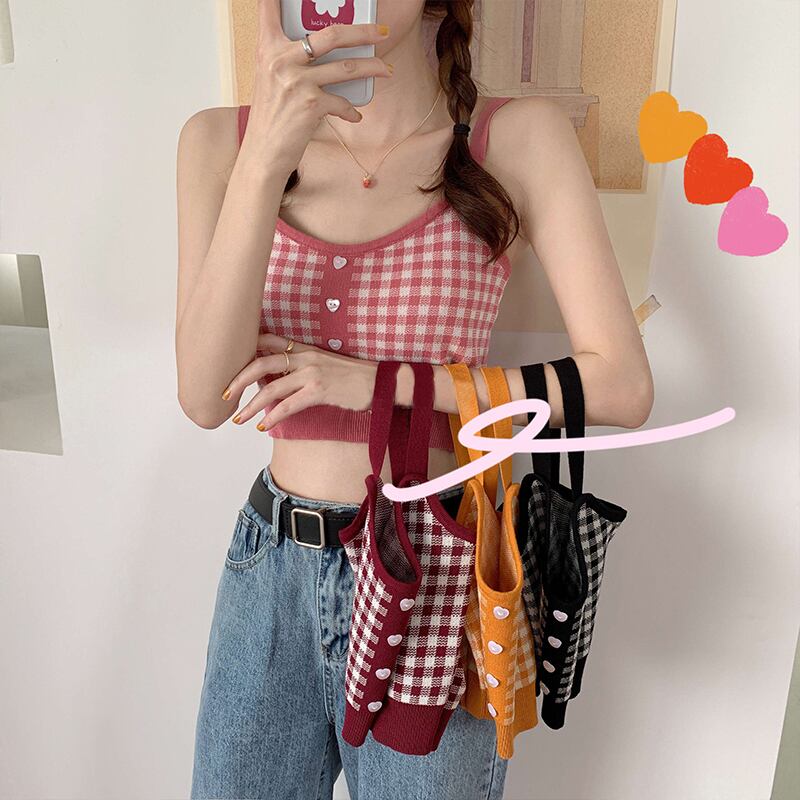 サマースタイルスタンダード格子柄クロップドショートニットブラウス レトロ 夏物 萌量不足37462849355
