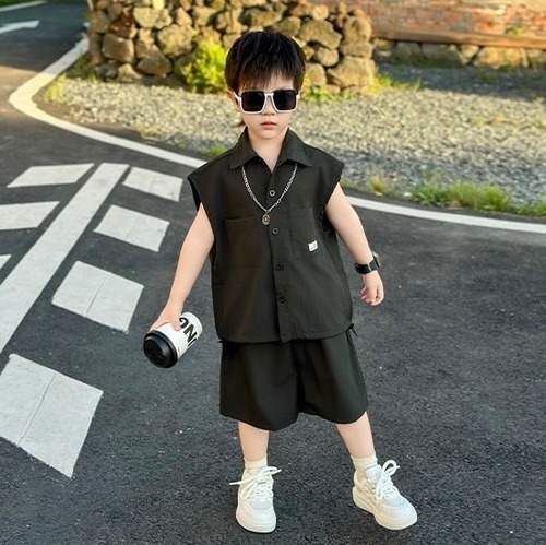 【90～150】全2色シンプルノースリーブシャツハーフパンツセット