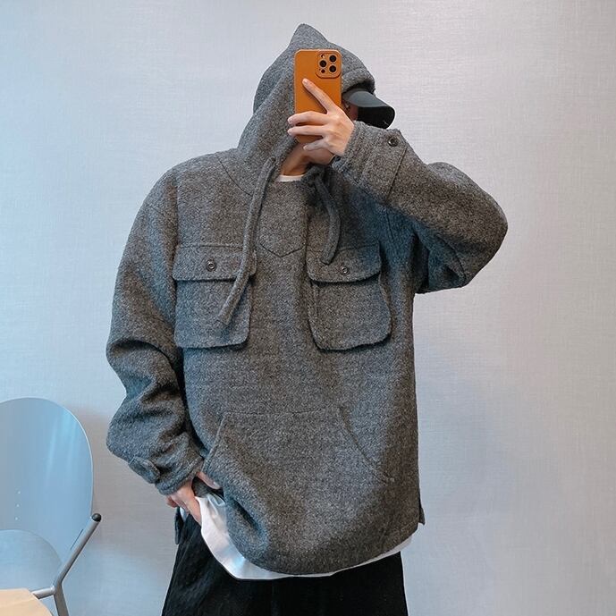 【予約販売】ニット パーカー セーター 無地 フード付き ポケット メンズ グレー オーバーサイズ こなれ感 ストリート お洒落 韓国 トレンド 秋冬 M/L/XL/2XL