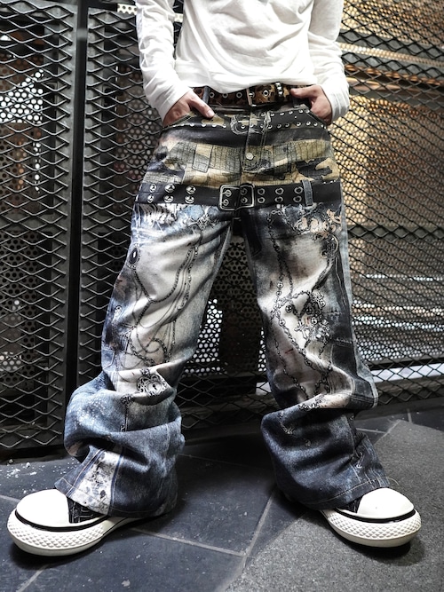 【PLANET STUDIO】Layered Chain Print Baggy Denim Pants 【PLANET STUDIO】Layered Chain Print Baggy Denim Pants