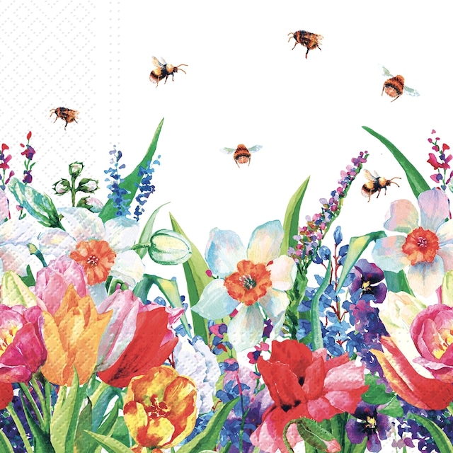 2024春夏【PAW】バラ売り2枚 ランチサイズ ペーパーナプキン Meadow with Bees ホワイト