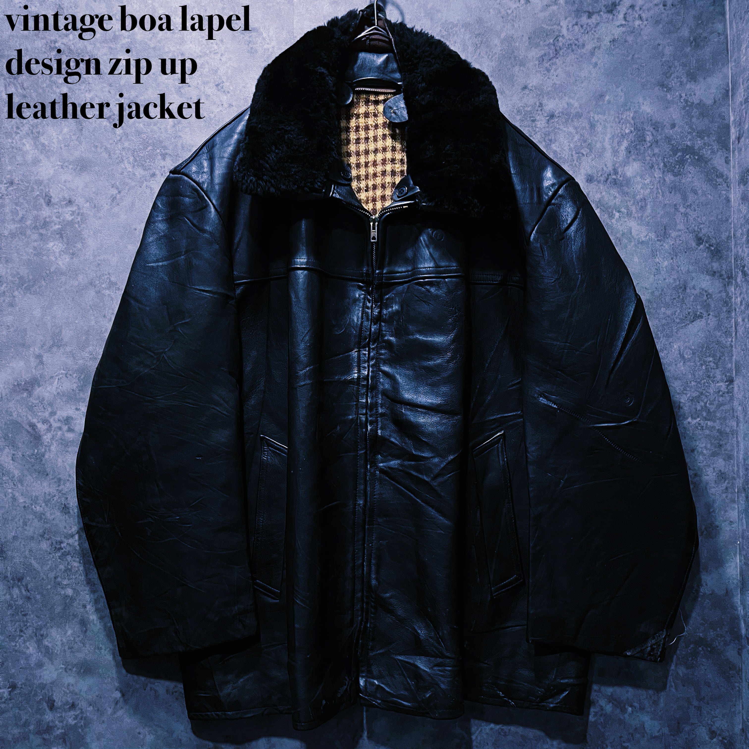 【 doppio】vintage boa lapel design zip up leather jacket
