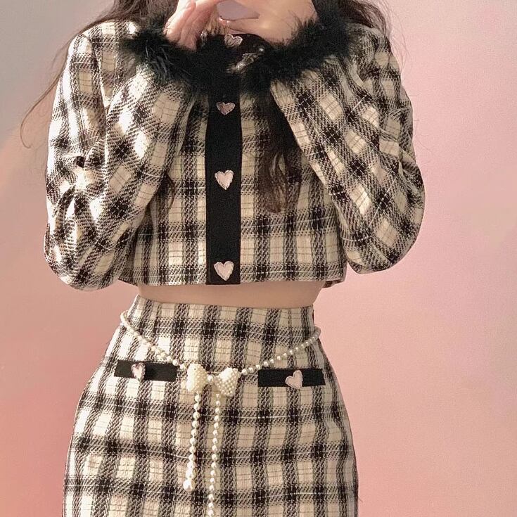 2点セット】ノーカラーチェックツイードジャケット＋タイトミニスカ  