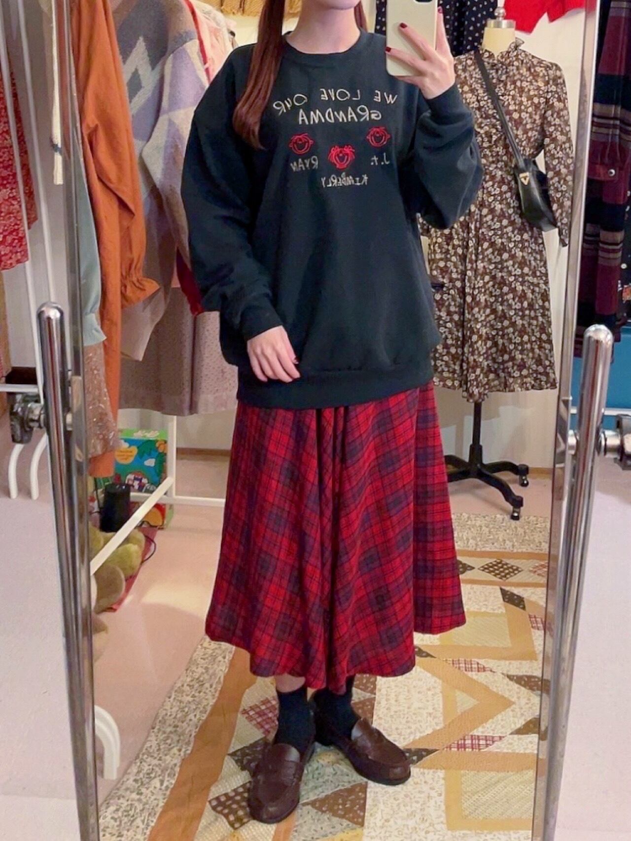 red navy check flare skirt
