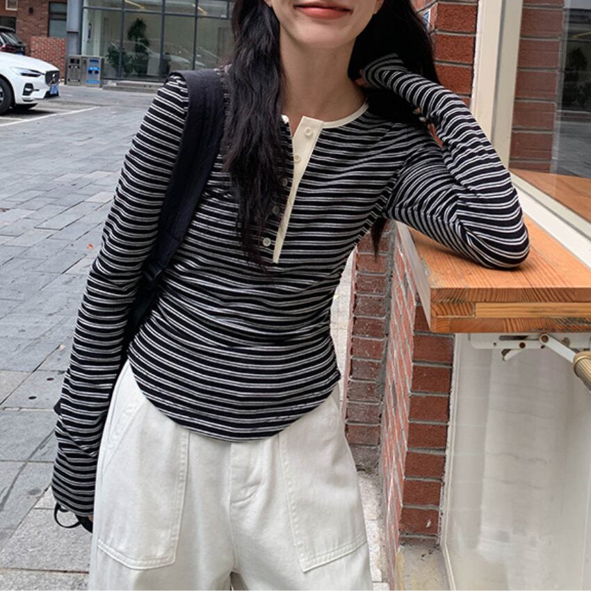 stripe button cut-and-sew top　J00300
