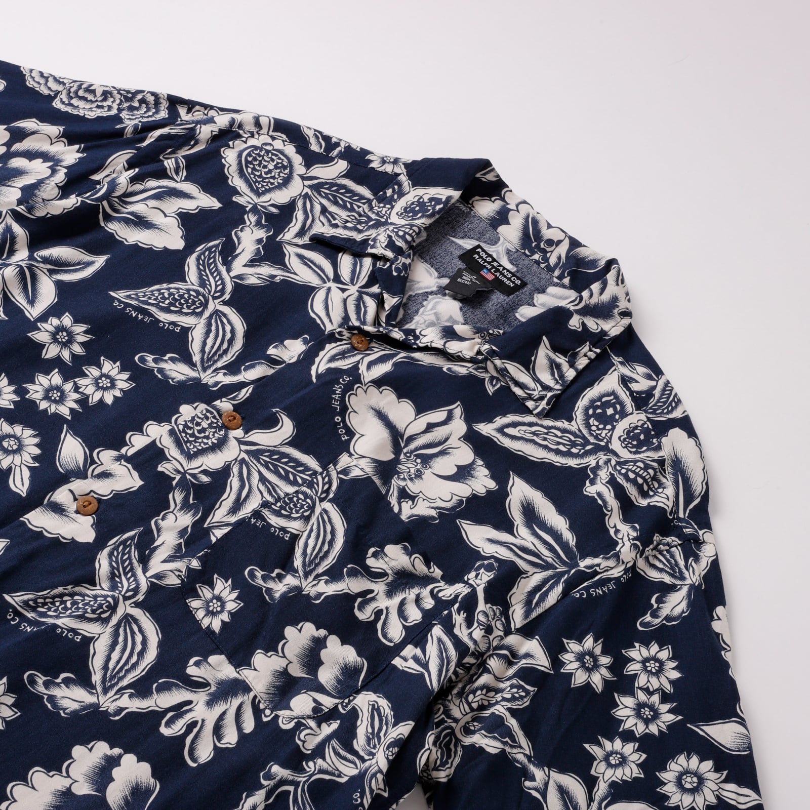 極美品】90s Ralph Lauren rayon open collar shirt S/S navy/white
