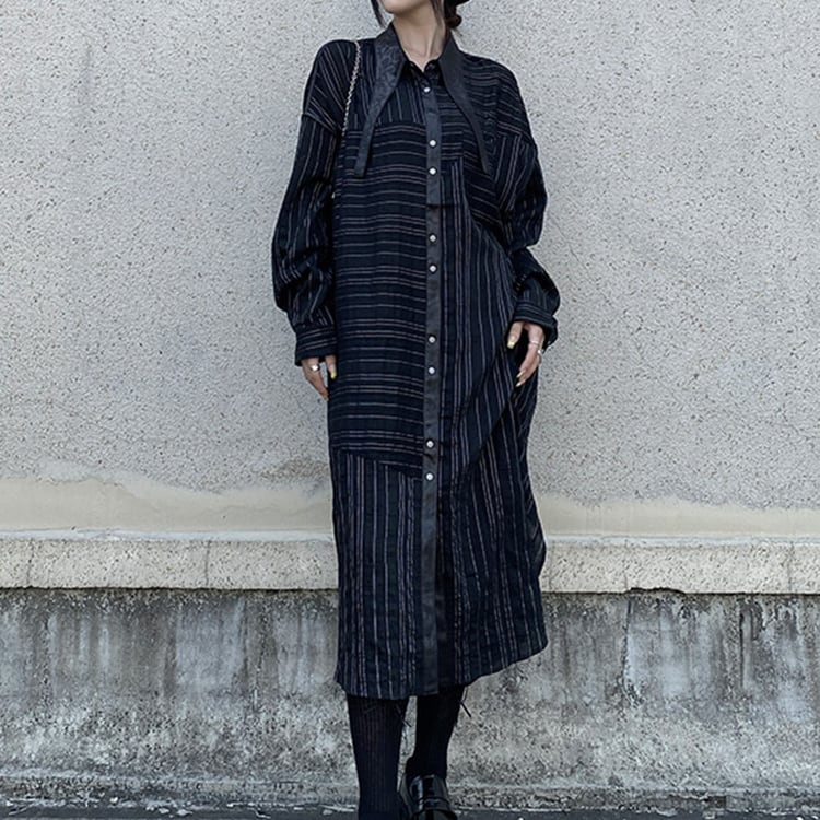 異素材切替ストライプロングシャツワンピースR01330