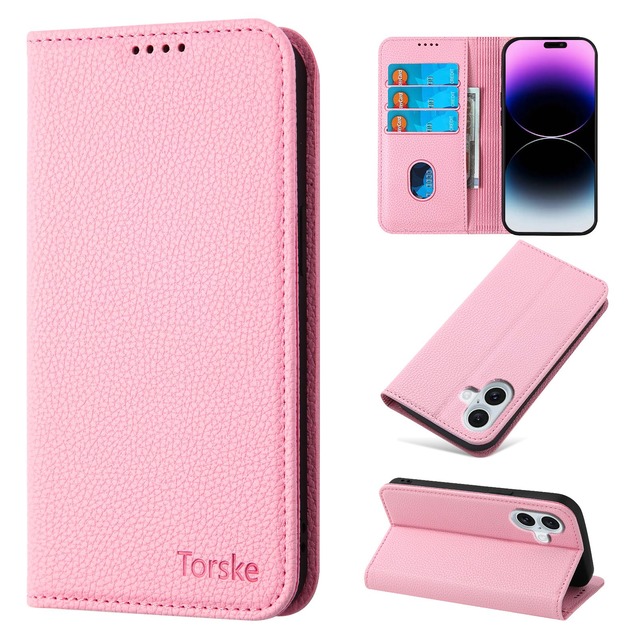 Torske 携帯カバー 適用の iPhone17 ケース 手帳型 用の いphone17ケース 内蔵マグネット式 向けの iPhone 17 手帳型ケース 向けの アイホン17 スマホケース 手帳型 カード入れ 防塵 上質 やさしく手触りが快適 おしゃれ と互換性のある あいふぉん17 ケース 6.3インチ対応 - ピンク