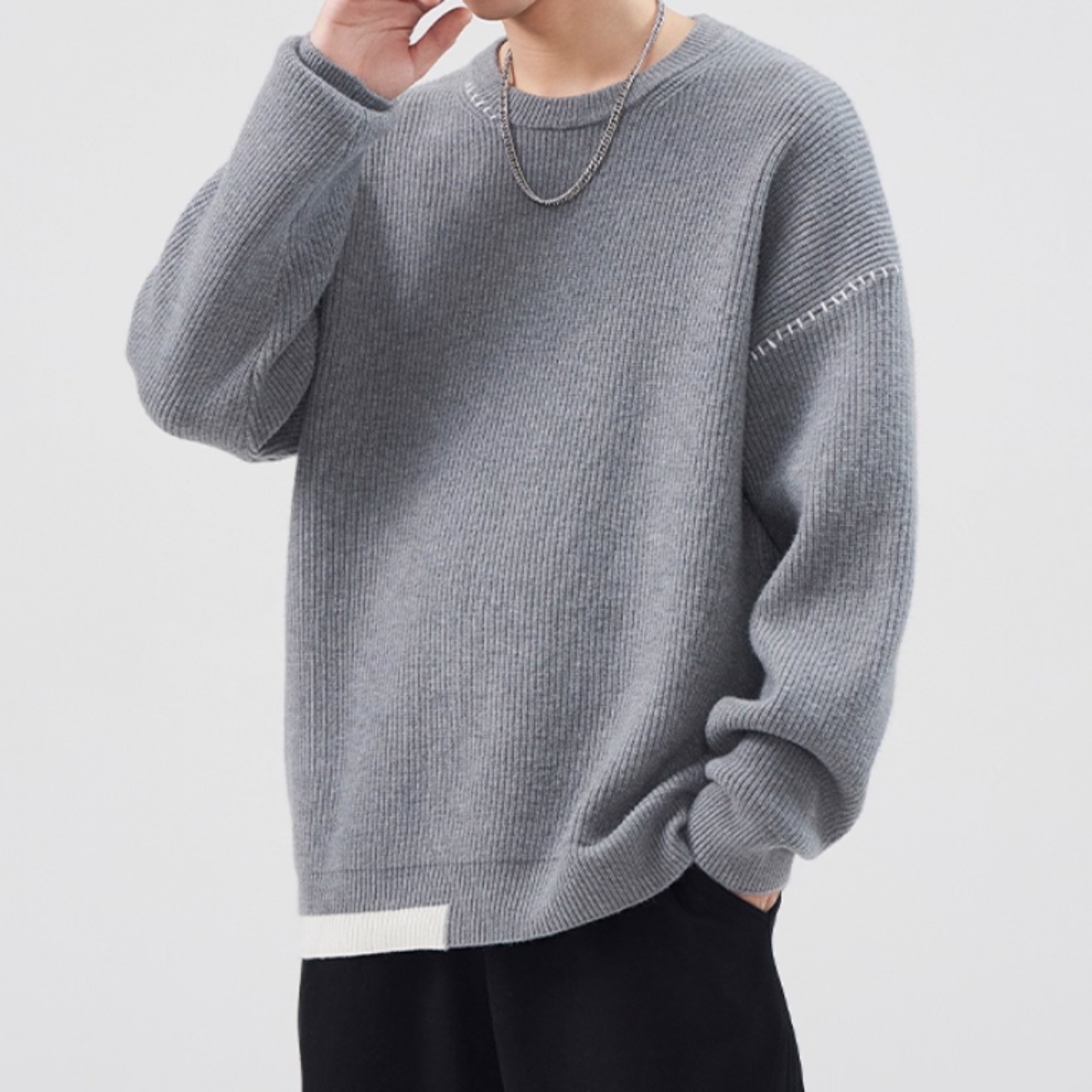 クルーネック コントラストステッチニット af0125