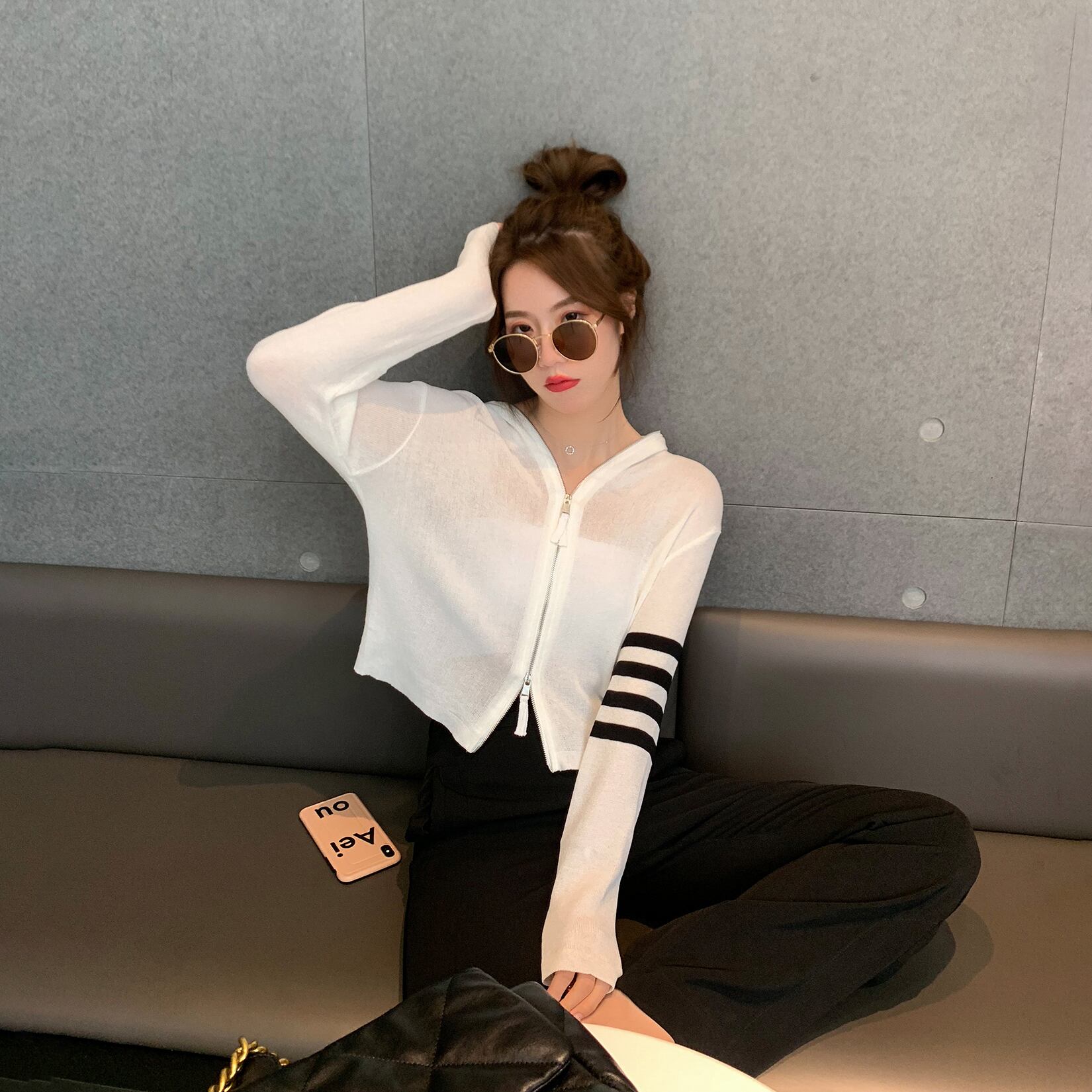 ジッパー薄手フードニットブラウス カーディガン スプリング 春物 サマー 夏物 6Du_Shop_Women20969881521