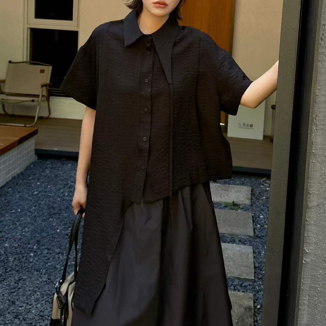 ASYMMETRIC TIE COLLAR SHORT SLEEVE LOOSE SHIRT M-17255