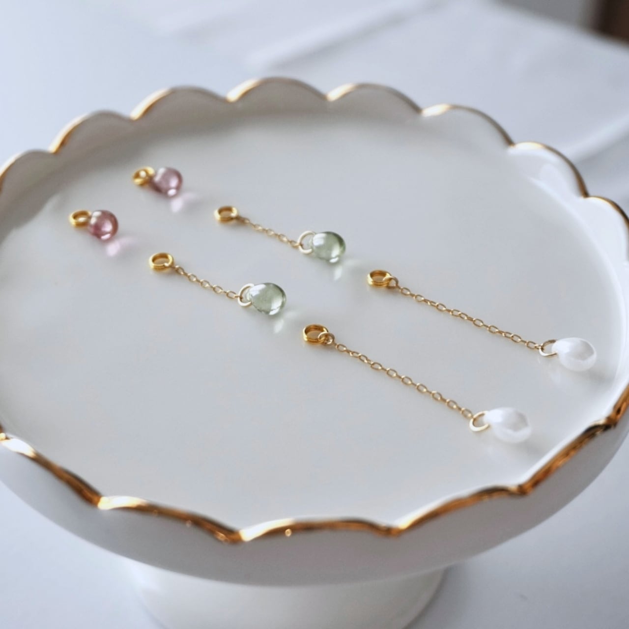 【付け替えチャーム】チェコガラスのしずくチェーン 3点セット|やさしく揺れるイヤリングチャーム|ノンホールピアス専用