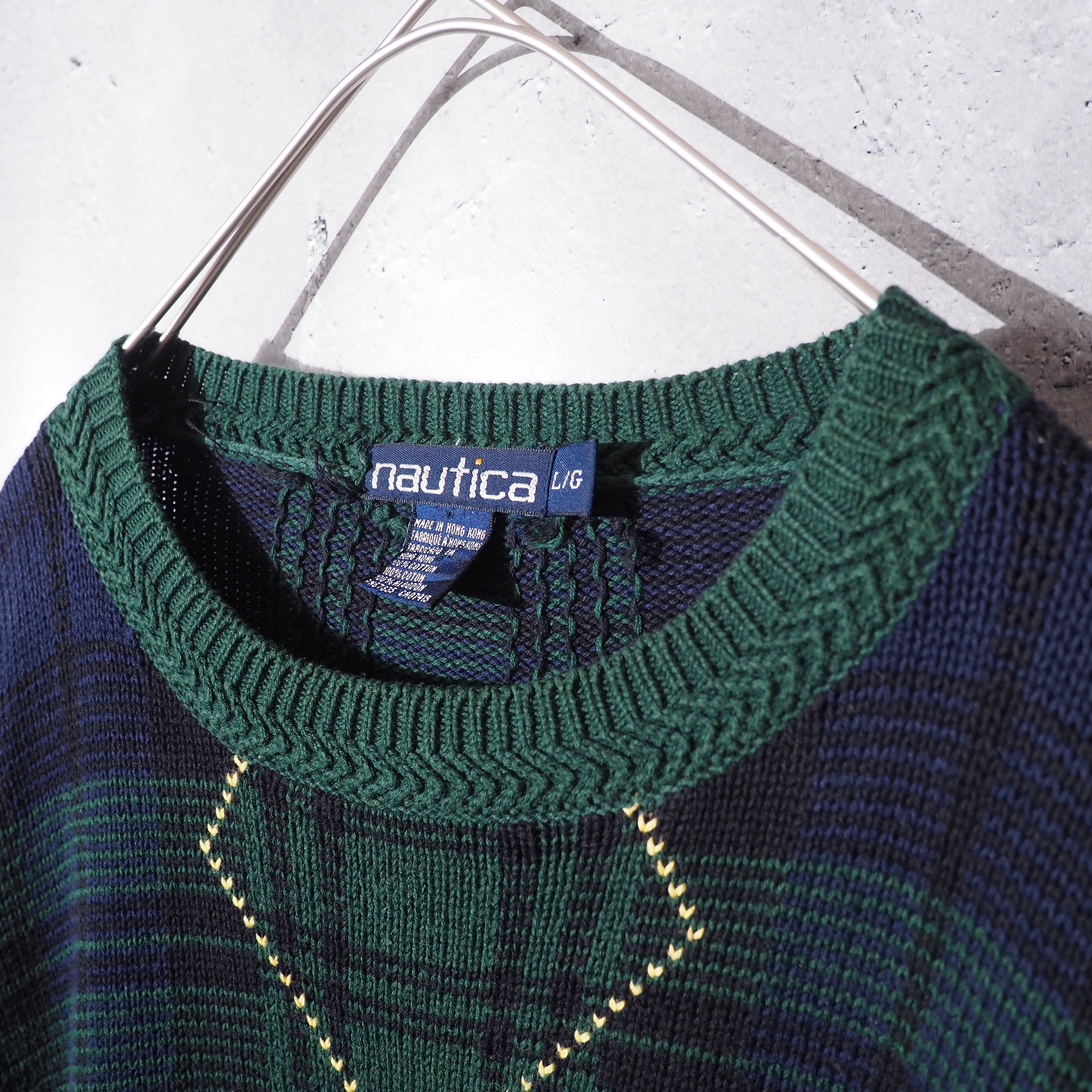 1990s " Nautica " Green check × Love Rhombus vintage loose knit