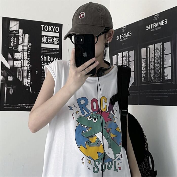 サマーレディースプリント柄スタンダードノースリーブTシャツ ラウンドネック レトロ 夏物 Oネック ケッペル57856647779