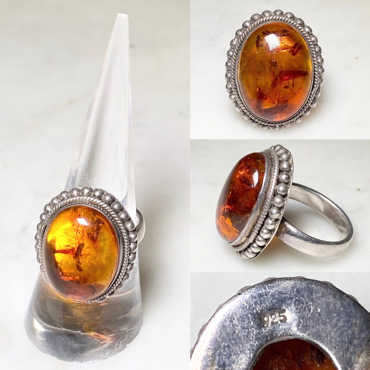vintage silver ring set with amber