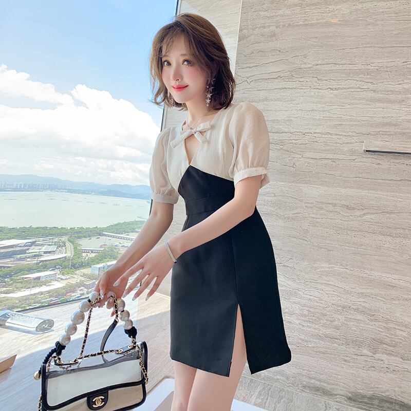 ハイウェストウェストスリムドレス サマー リボン 夏物 ステッチ MIUCO8058260733