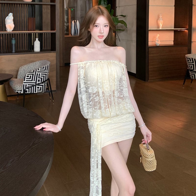 ミニドレス レディース オフショルダーワンピース レースデザイン タイトシルエット シアー素材 ギャザー フェミニン セクシー 韓国風 デート パーティー お出かけDQ2-WDS6100