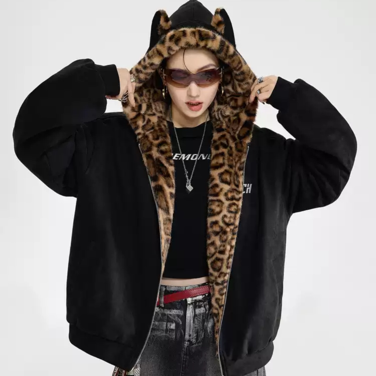 Women's Padded Coat with Leopard-Print Fur(ME498)