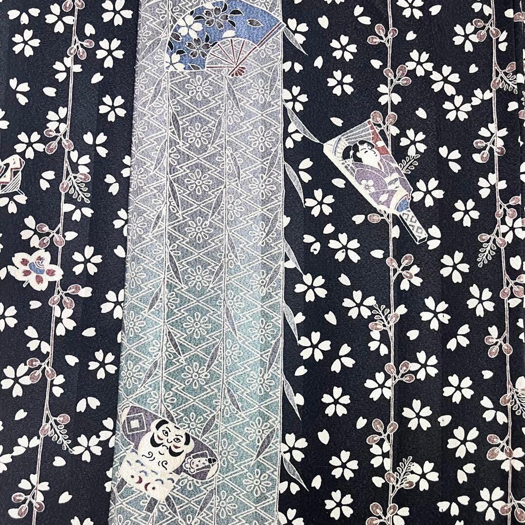 単衣 小紋 縦縞花模様 凧 羽子板 扇子 蝶々 縮緬 K-3936 単衣 小紋 縦縞花模様 凧 羽子板 扇子 蝶々 縮緬 K-3936