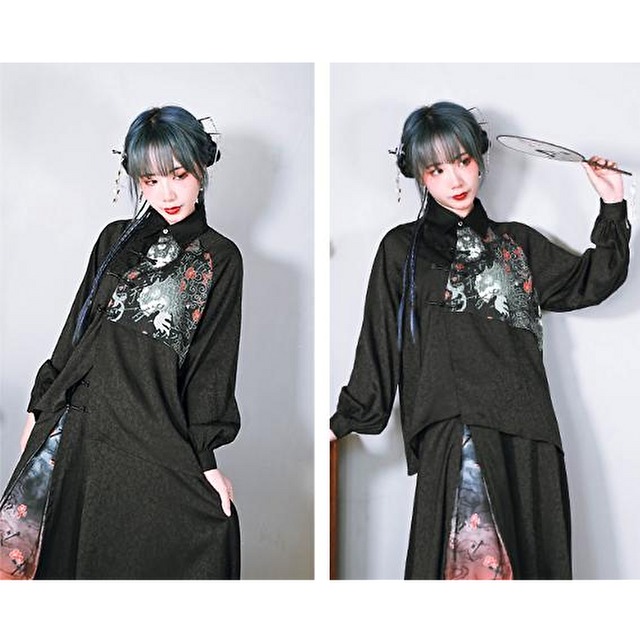 天使と悪魔 古怪舎 サブカル服 長袖シャツ バルーンスリーブ ゆったり 民族衣装風 チャイナ服 中華風 ロリータ 病み可愛い サブカル系 中華服 レトロ 天使と悪魔 サブカル系ファッション Seasonz